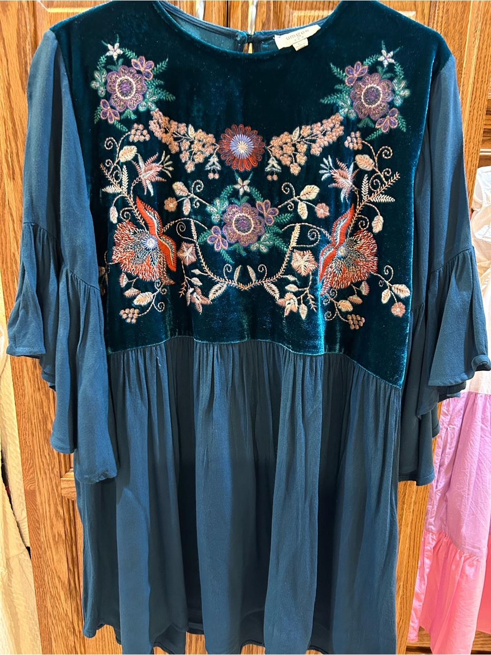 Umgee Teal Velvet Bodice Embroidered Floral Dress